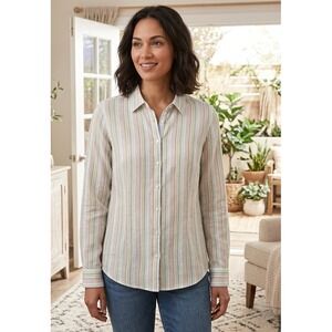 Chico's Button Up Womens Linen Long Sleeve Striped Blouse Top Casual Preppy Sz 2